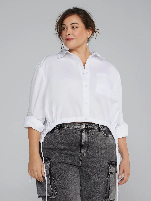 Button-Down Shirt with Curved Drawstring Hem