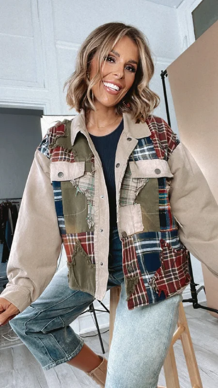 Care Free Plaid Patch Button Down Jacket, Khaki