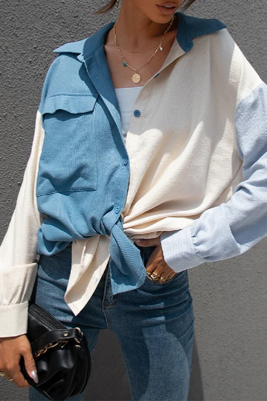 Casual Patchwork Pocket Buckle  Contrast Turndown Collar Tops