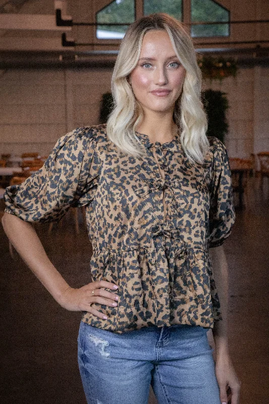 Jessa Bow Front Peplum Blouse, Leopard