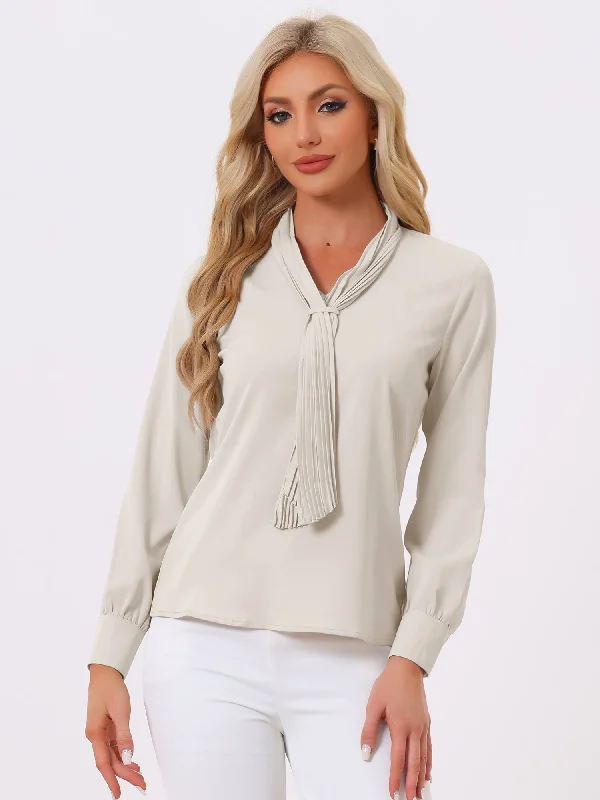 Long Sleeve Pleated Tie Neck Office Chiffon Blouse