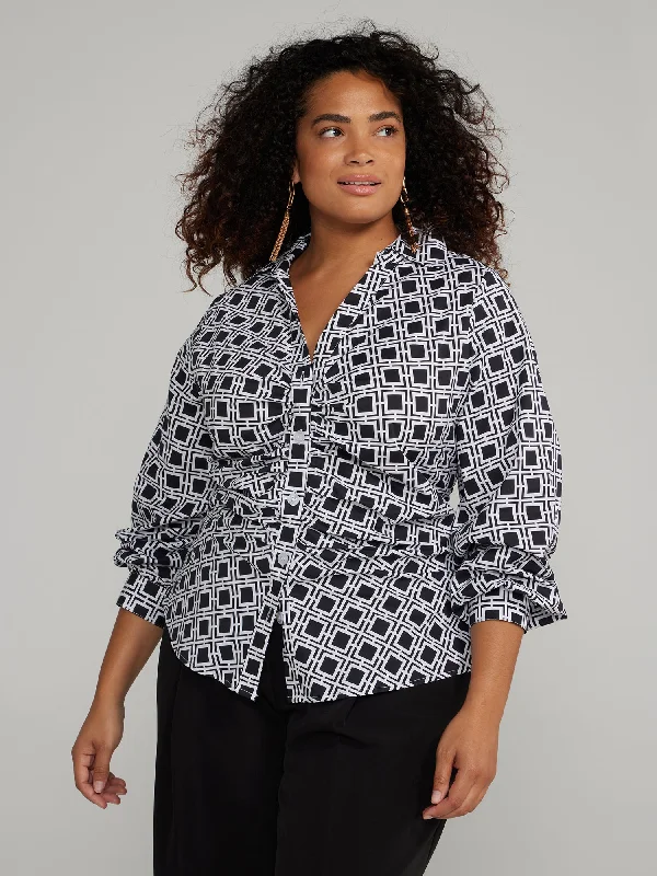 Button-Front Printed Ruched Shirt