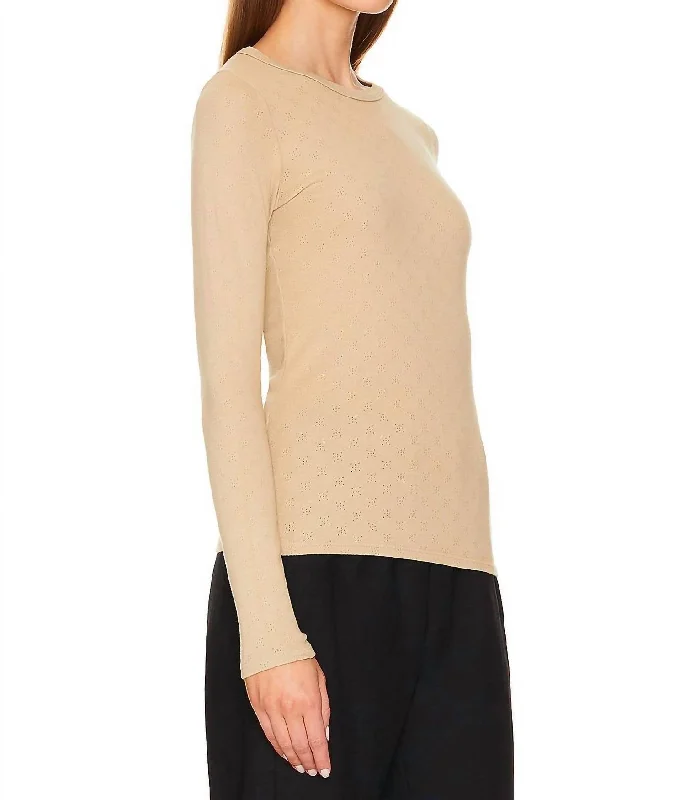 Scallop Edge Pointelle Long Sleeve Crew Top In Tan