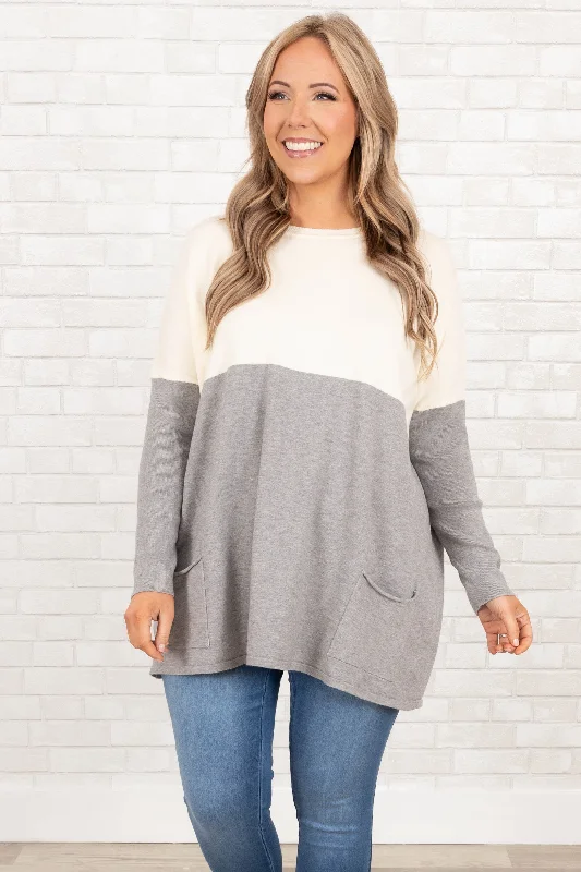 Smooth Talking Sweater, Ivory-Heather Gray