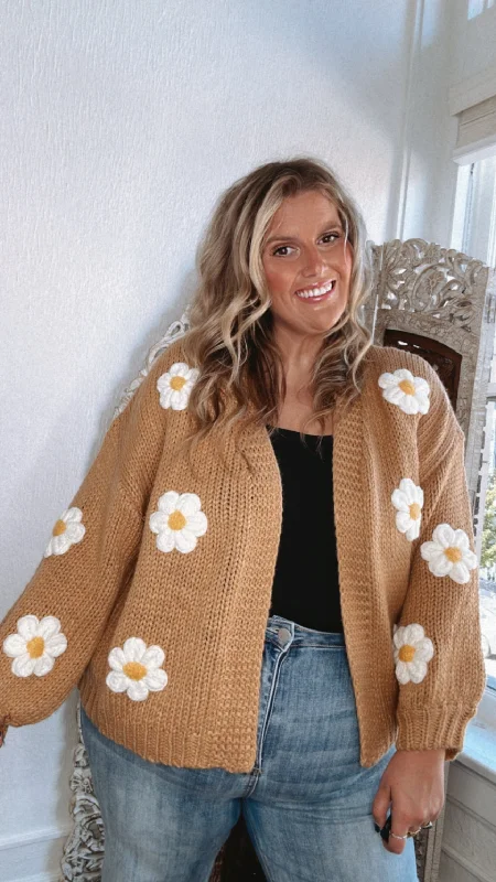 Touch Of Daisy Floral Knit Cardi, Camel