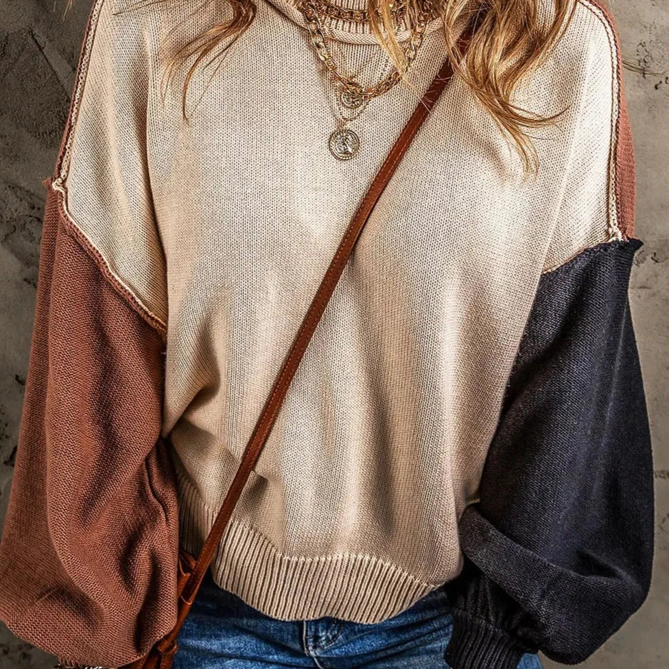 Women's Colorblock Bishop Sleeve Sweater in Coffee