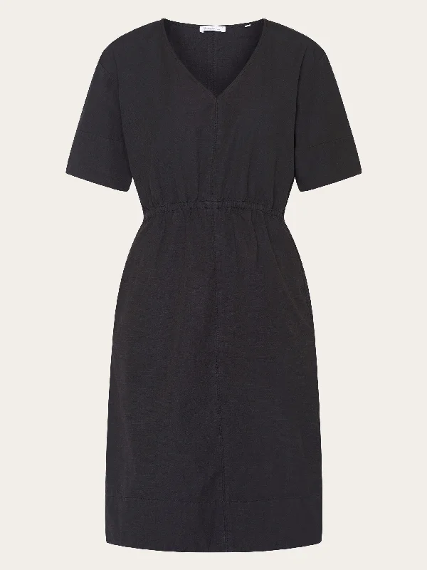 V-neck slub yarn short sleeve midi dress - GOTS/Vegan - Black Jet