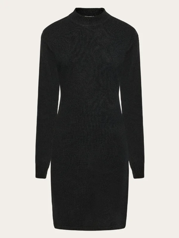 Wool crew neck mid length dress - Black Jet