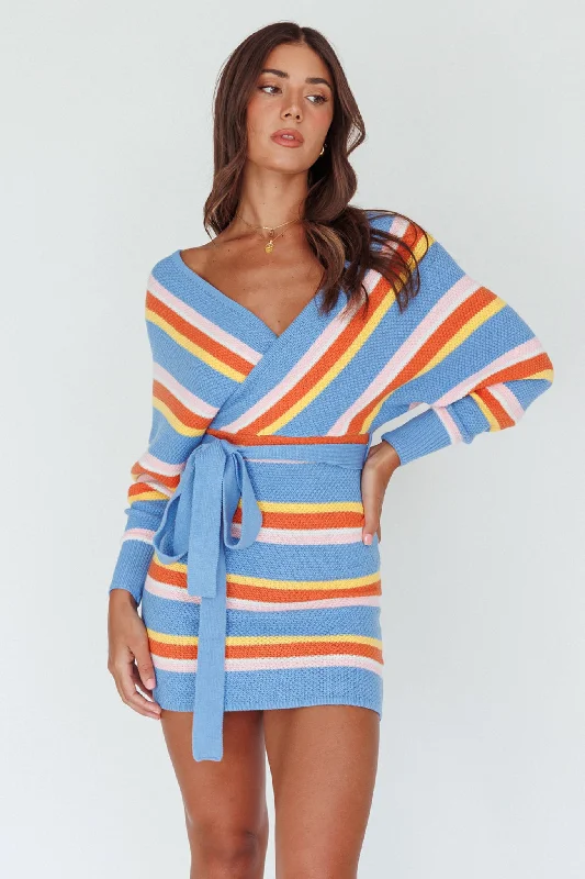 Cameo Batwing Knit Dress Striped Blue