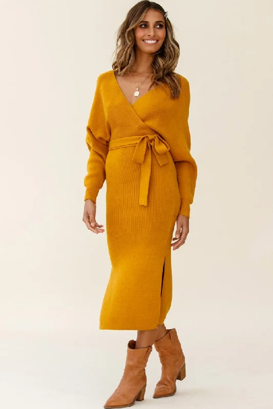 Cameo Batwing Knit Midi Dress Mustard