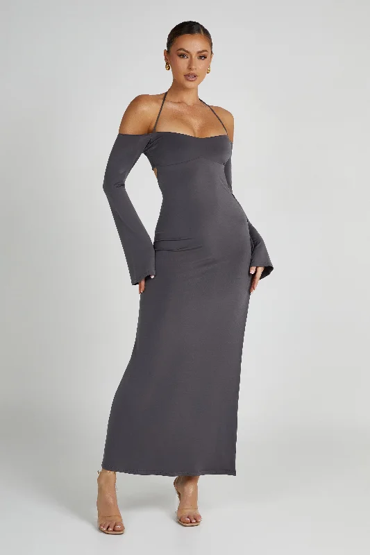 Tia Slinky Off Shoulder Maxi Dress - Charcoal